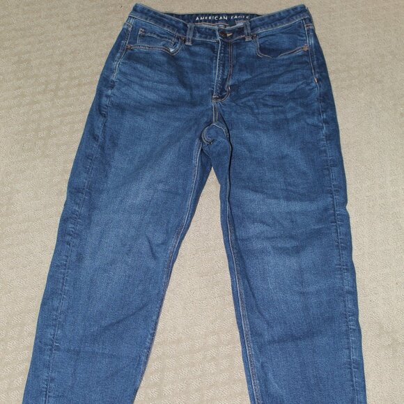 American Eagle Sz 12 Stretch Mom Jeans High Rise Straight Leg Raw Hem Blue Jeans - Picture 1 of 6